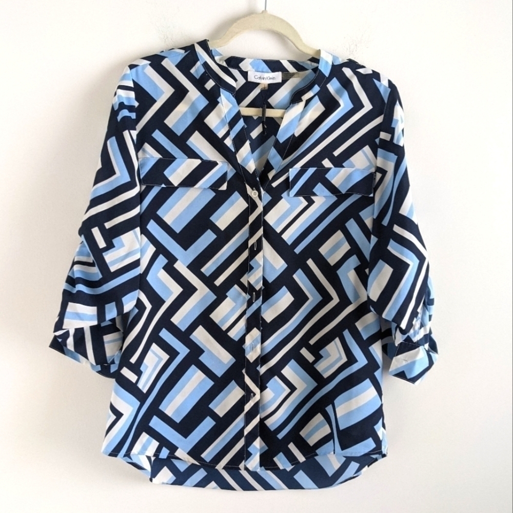 Nwot Calvin Klein Camp Button Down Shirt in Mod Print Geometric Pattern M